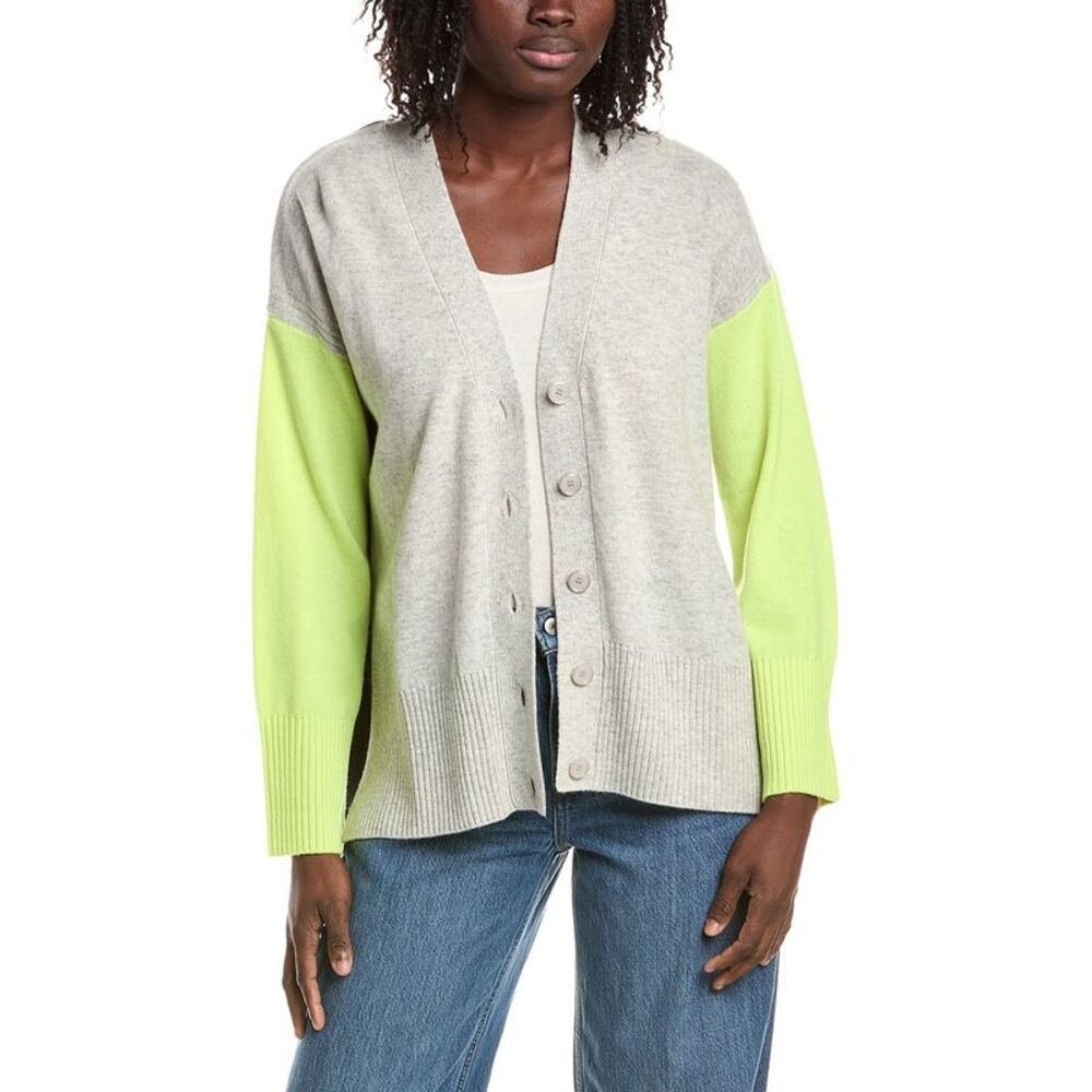 &Isla Womens  Charlie Longline Colorblock 100% Cashmere Cardigan, Silver